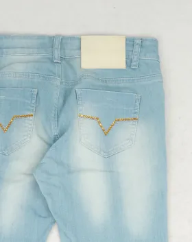 JEANS MUJER VERSACE AZUL CLARO CON STRASS DORADOS EN BOLSILLOS